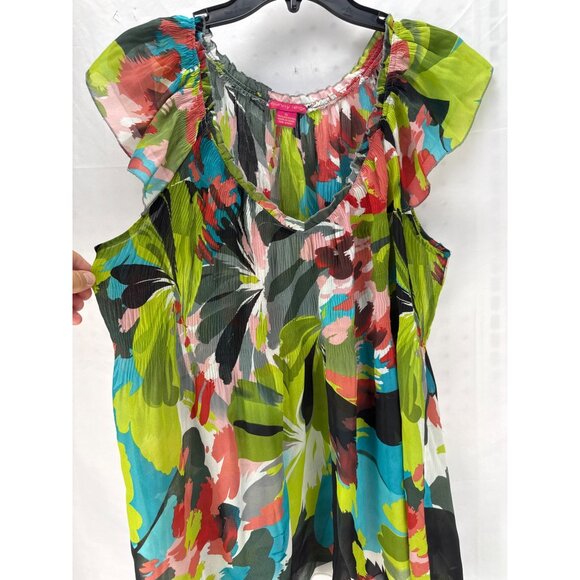 Sunny Leigh XL Watercolor Floral Ruffle Blouse Sheer Short Sleeve Artsy Colorful - Picture 4 of 6